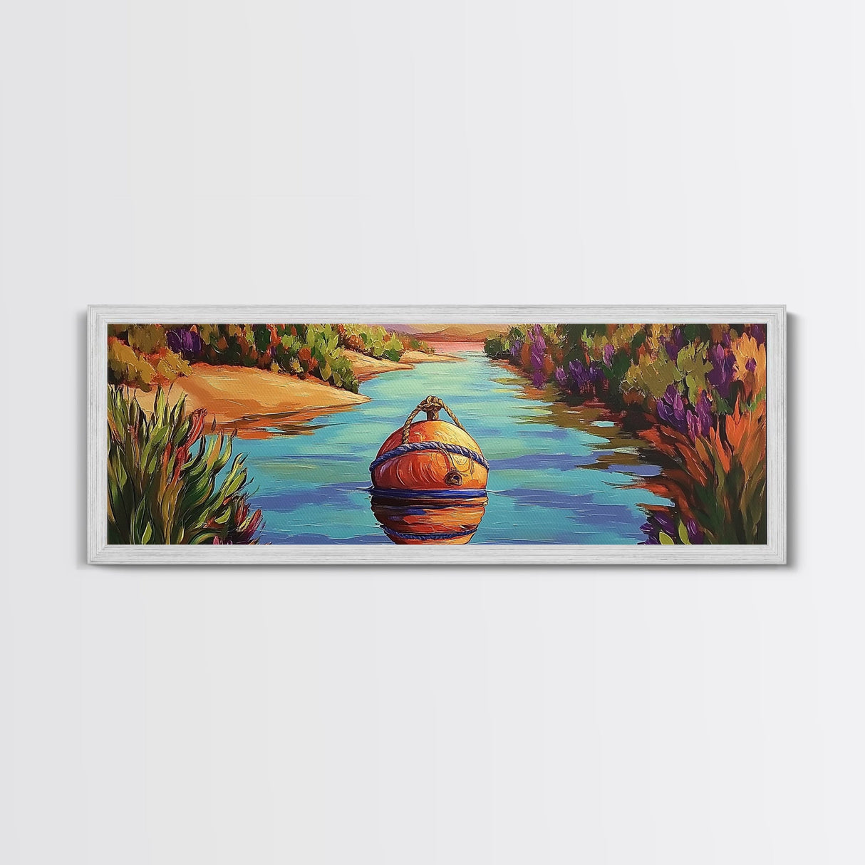 Buoy Painting, River Calm, Coastal Reflection, Peaceful Dock, Canvas Print, lake cabin art, nautical wall decor, colorful waterway scene