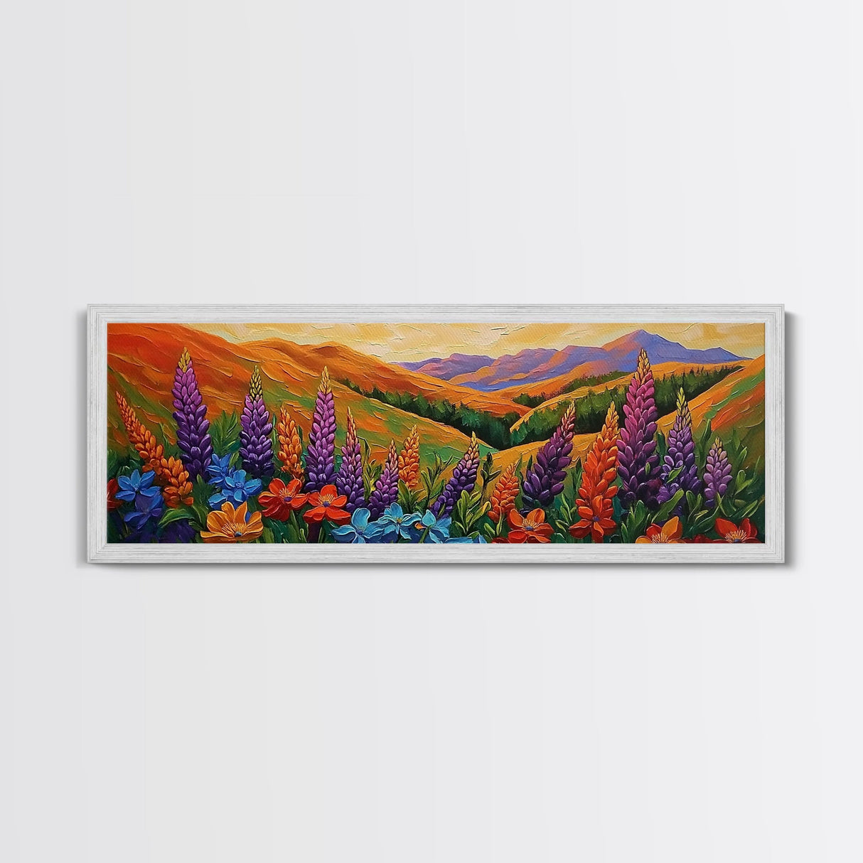Wildflower Valley View, Bright Floral Mountain Art, Nature Inspired Painting, Framed Canvas Print, Kitchen or Bedroom Wall Decor