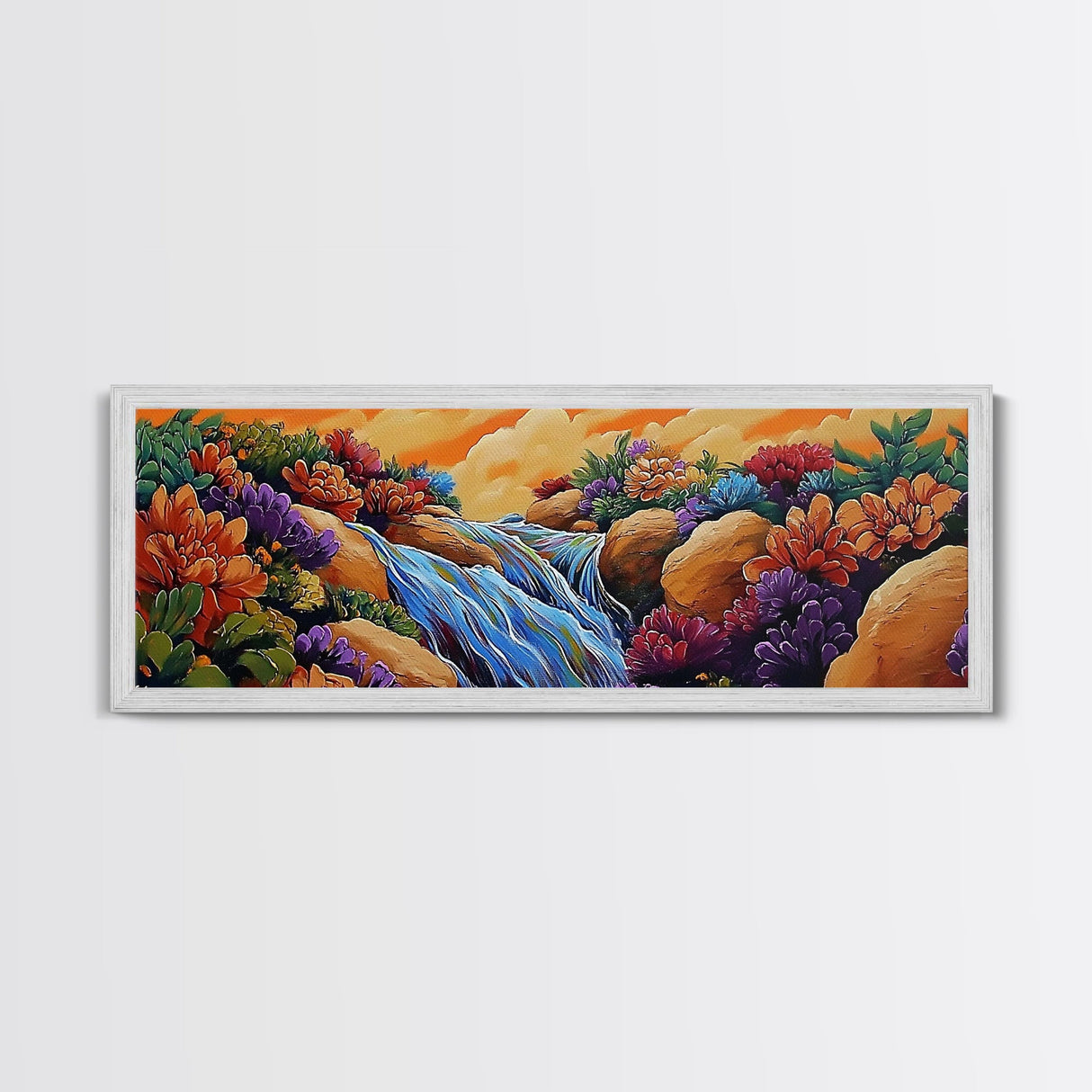 Waterfall Garden Scene, Colorful Floral Cascade, Fantasy Nature Artwork, Framed Canvas Print, Vibrant Bathroom or Entryway Art