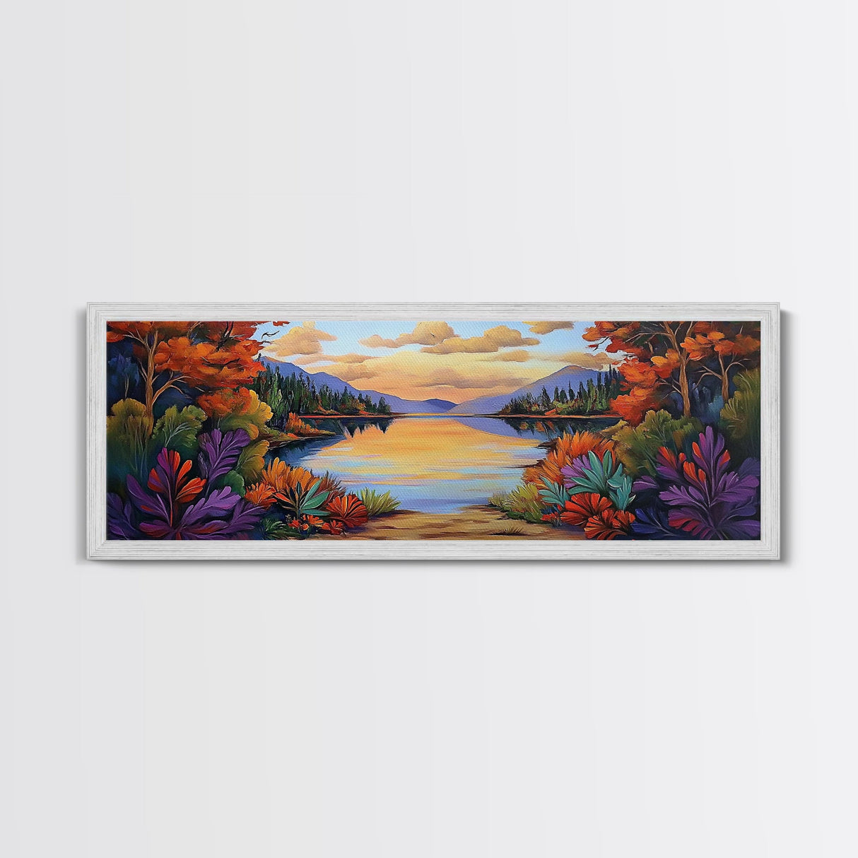 Autumn Lake Reflection, Tranquil Nature Painting, Fall Forest Sunset, Framed Canvas Print, Cozy Living Room or Cabin Wall Decor