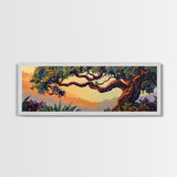 Majestic Tree Sunset, Enchanted Forest Landscape, Whimsical Nature Wall Art, Framed Canvas Print, Zen Bedroom or Entryway Decor