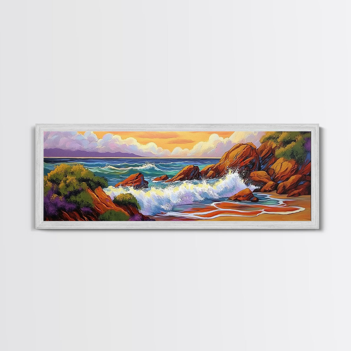 Ocean Wave Crash, Coastal Rock Shore, Vibrant Seascape Painting, Framed Canvas Print, Beach Bathroom or Nautical Living Room Art