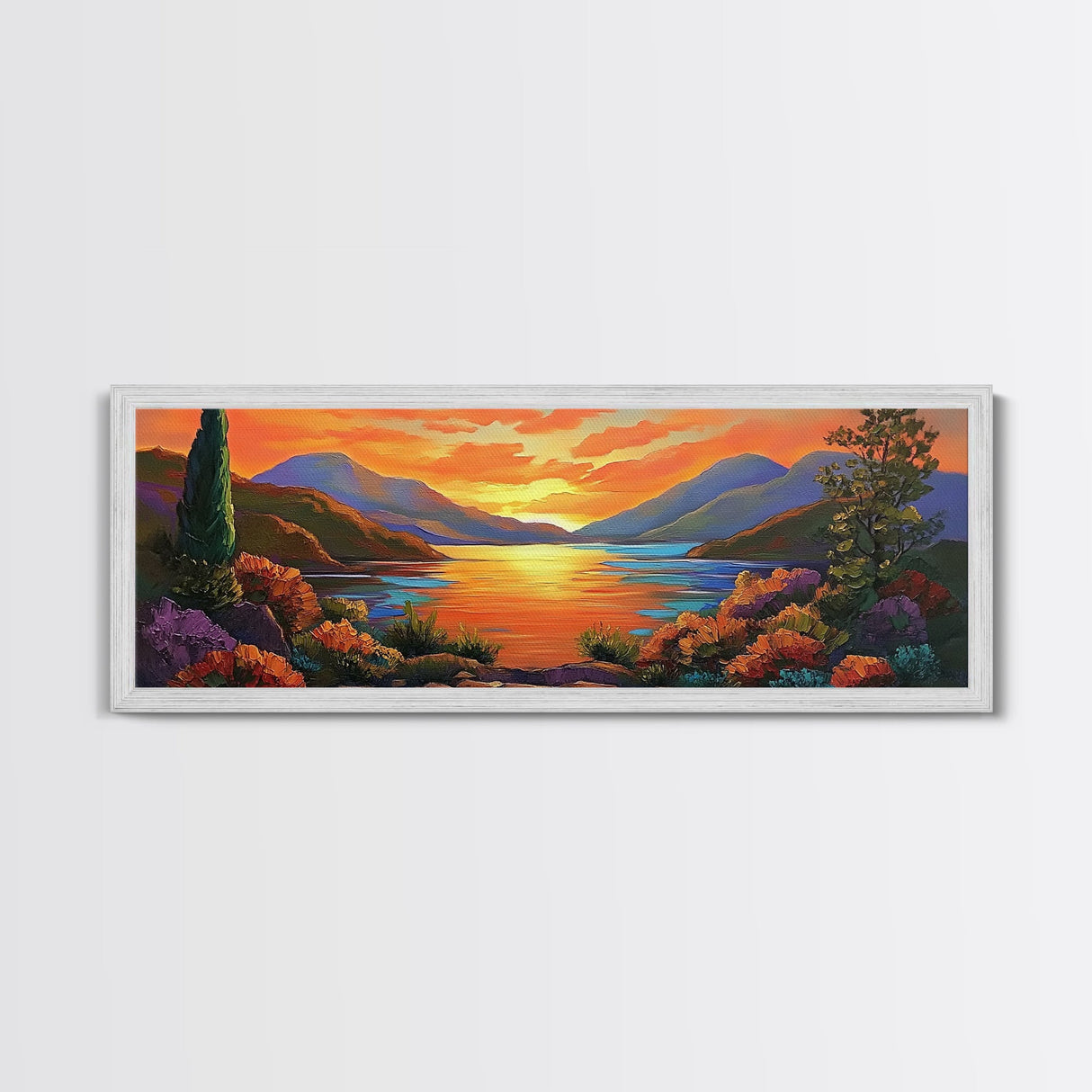Mountain Sunset Lake, Bold Nature Landscape, Vibrant Water Reflection, Framed Canvas Print, Rustic Living Room or Cabin Wall Art