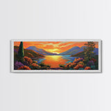 Mountain Sunset Lake, Bold Nature Landscape, Vibrant Water Reflection, Framed Canvas Print, Rustic Living Room or Cabin Wall Art