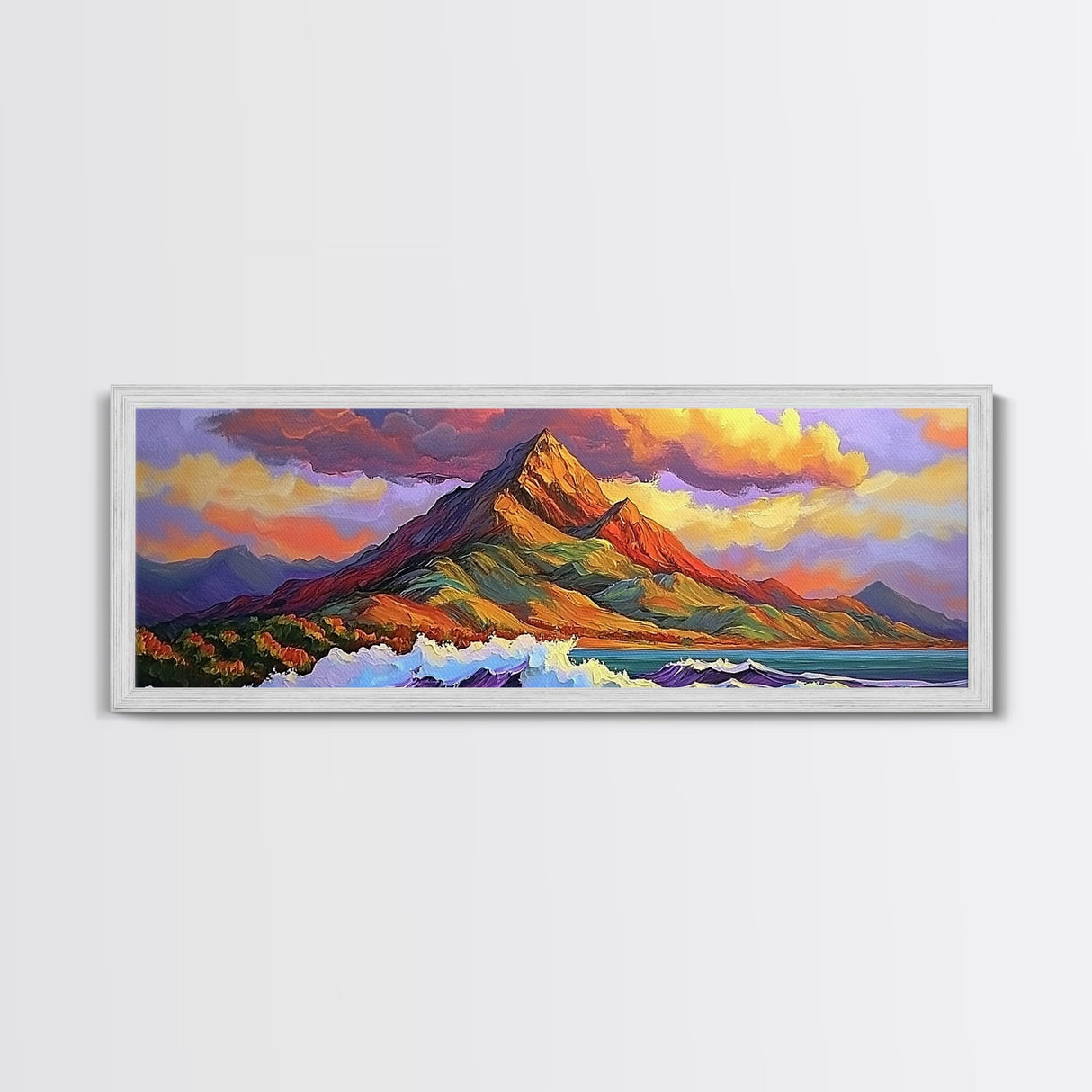 Mountain Wave Scene, Sunset Coastal Painting, Dramatic Landscape Art, Framed Canvas Print, Adventure Office or Living Room Wall Art