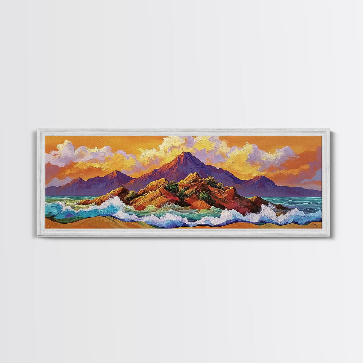 Sunset Island Scene, Bold Ocean Mountainscape, Tropical Beach Decor, Framed Canvas Print, Boho Bedroom or Vacation Home Wall Art