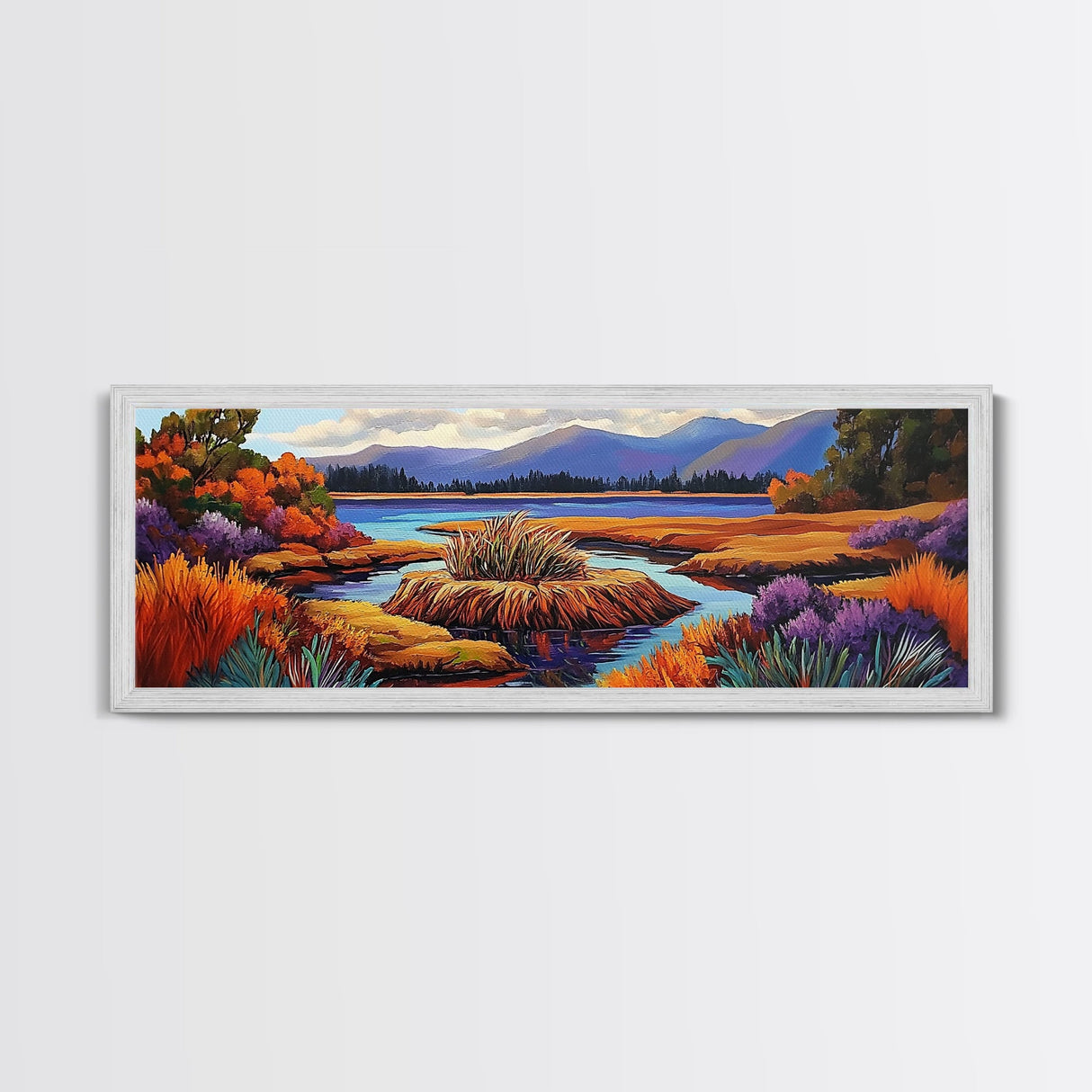 Autumn Lake, Purple Trees, Fall Landscape, Colorful Reflections, Framed Canvas Print, Cabin Wall Art, Cozy Fall Decor, Nature Inspired