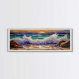 Crashing Waves Sunset, Seaside Landscape Art, Modern Beach Wall Decor, Living Room Accent, Framed Canvas Print, Coastal Vibes