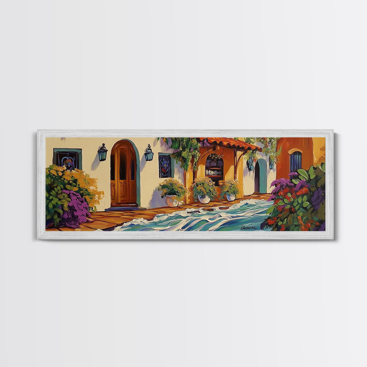 Hacienda Courtyard, Rustic Charm Art, Southwest Home Decor, Floral Garden Wall Accent, Framed Canvas Print, Dining Room Style
