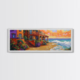 Coastal Villa, Ocean View, Sunset Beach, Canvas Print, Mediterranean house art, colorful seaside decor, boho kitchen art