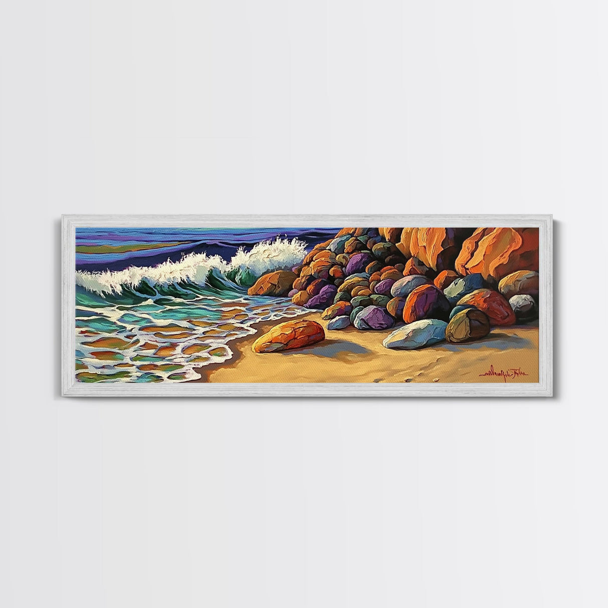 Rocky Shoreline Waves, Ocean Rocks Art, Seaside Spray, Framed Canvas Print, Bathroom Coastal Wall Art, Bold Beach Style, Nautical Decor
