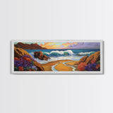 Coastal Wave, Bold Surf, Rocky Sunset, Flower Shoreline, Framed Canvas Print, Nautical Art, Bathroom Beach Landscape Decor