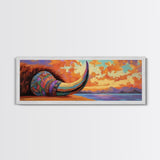 Longhorn Skull, Sunset Sky, Boho Western, Tribal Texture, Framed Canvas Print, Desert Wall Art, Living Room Decor, Southwestern Vibe