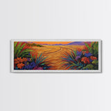 Golden Horizon Path, Vibrant Floral Border, Nature Sunset Painting, Framed Canvas Print, Bedroom Wall Art, Warm Color Landscape