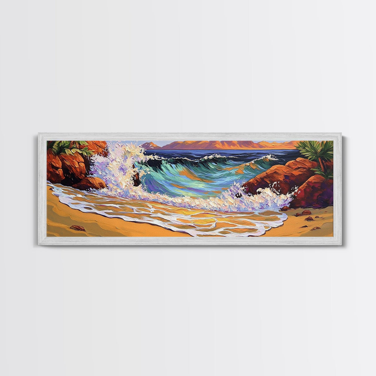 Wave Crash, Rocky Beach, Golden Coast, Tropical Splash, Framed Canvas Print, Coastal Wall Art, Bold Bathroom Decor, Surf Art Style