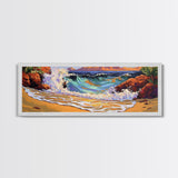 Wave Crash, Rocky Beach, Golden Coast, Tropical Splash, Framed Canvas Print, Coastal Wall Art, Bold Bathroom Decor, Surf Art Style