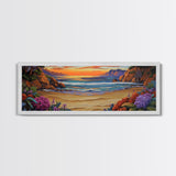Tranquil Beach Sunset, Colorful Coastal Scene, Ocean Cliff View, Floral Accents, Framed Canvas Print, Dining Room art,  Office Art