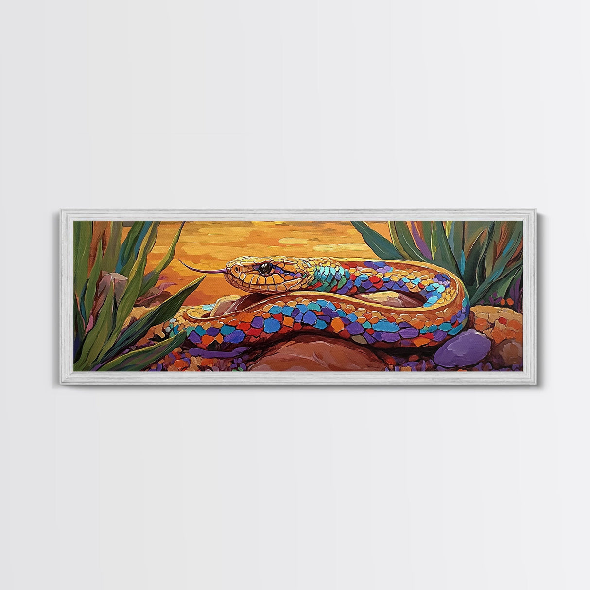 Sunset Snake Painting, Colorful Desert Creature, Serpent Among Rocks, Framed Canvas Print, Boho Wall Art, Eclectic Decor Piece