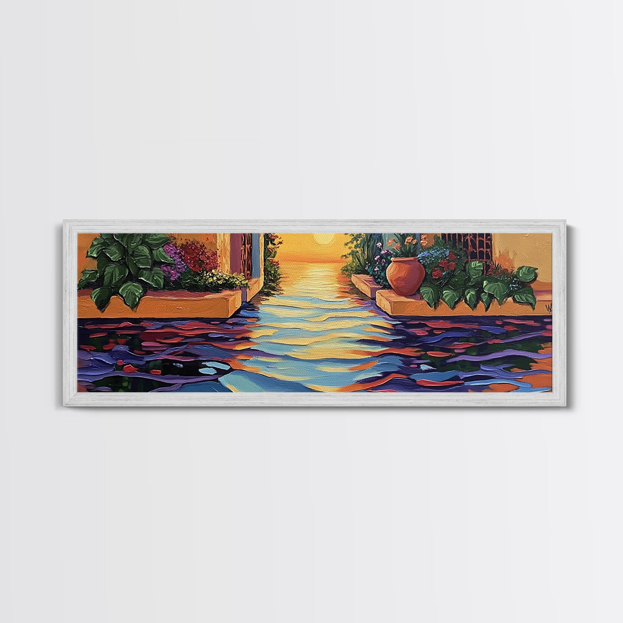 Sunset Canal Garden, Water Reflections, Warm Floral Courtyard, Framed Canvas Print, Kitchen Wall Art, Romantic Boho Artwork