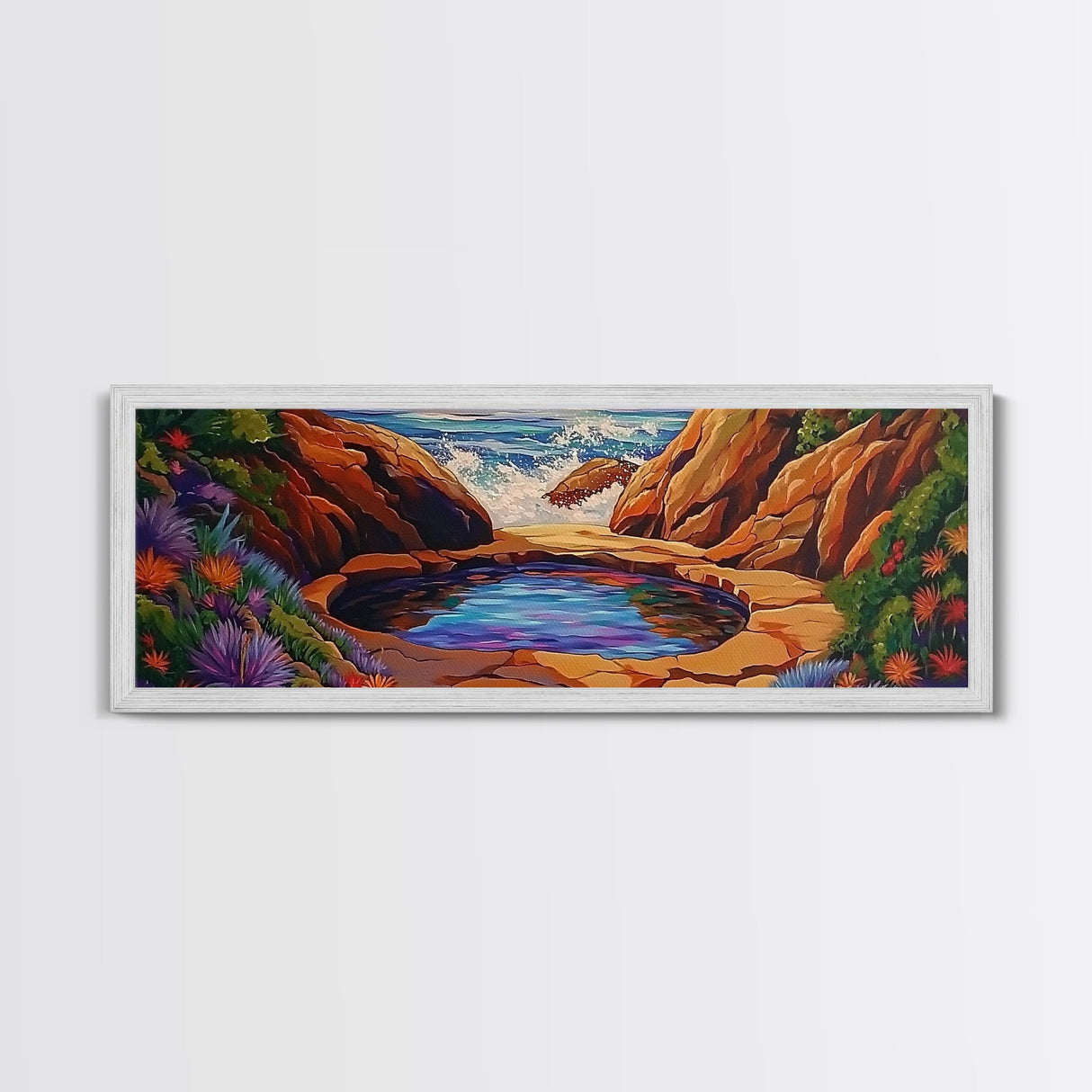 Tidal Pool Escape, Coastal Flowers, Ocean Breeze, Framed Canvas Print, Spa Wall Art, Nature Inspired Decor, Beach Vibe Artwork