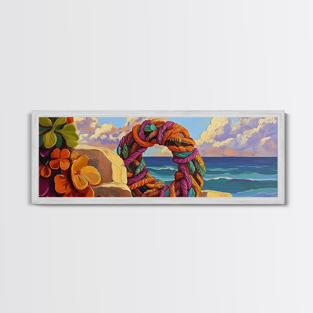 Coastal Wreath Art, Nautical Vibes, Colorful Rope, Framed Canvas Print, Beach House Wall Art, Summer Home Decor, Tropical Boho Art