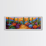 Cactus Garden Sunset, Desert Wall Art, Succulent Landscape, Framed Canvas Print, Boho Living Room Decor, Vibrant Western Style