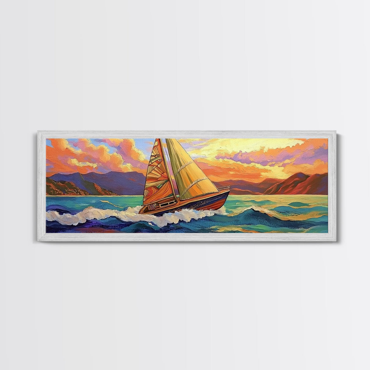 Sunset Sailboat, Coastal Art, Colorful Nautical Scene, Framed Canvas Print, Office Wall Decor, Sailing Gift, Ocean Wall Art