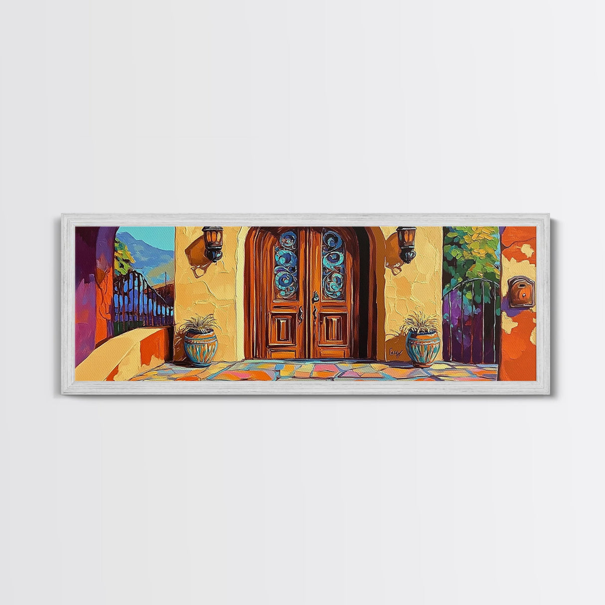 Spanish Doorway Scene, Rustic Entrance Art, Bold Exterior Decor, Framed Canvas Print, Hallway Wall Art, Mediterranean Style