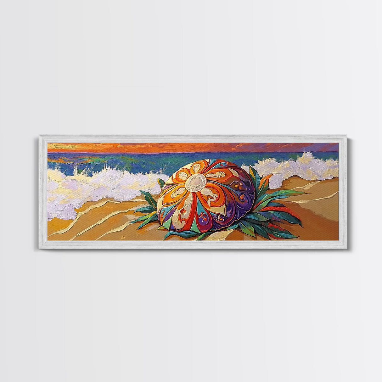 Sea Shell Flower, Ocean Breeze, Sunset Shoreline, Whimsical Beach Framed Canvas Print, Bathroom Wall Art, Tropical Coastal Art
