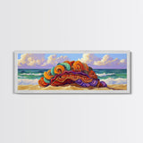 Vibrant Shell Art, Ocean Fantasy, Whimsical Beach, Nature Vibes Framed Canvas Print, Coastal Bathroom Art, Boho Sea Decor