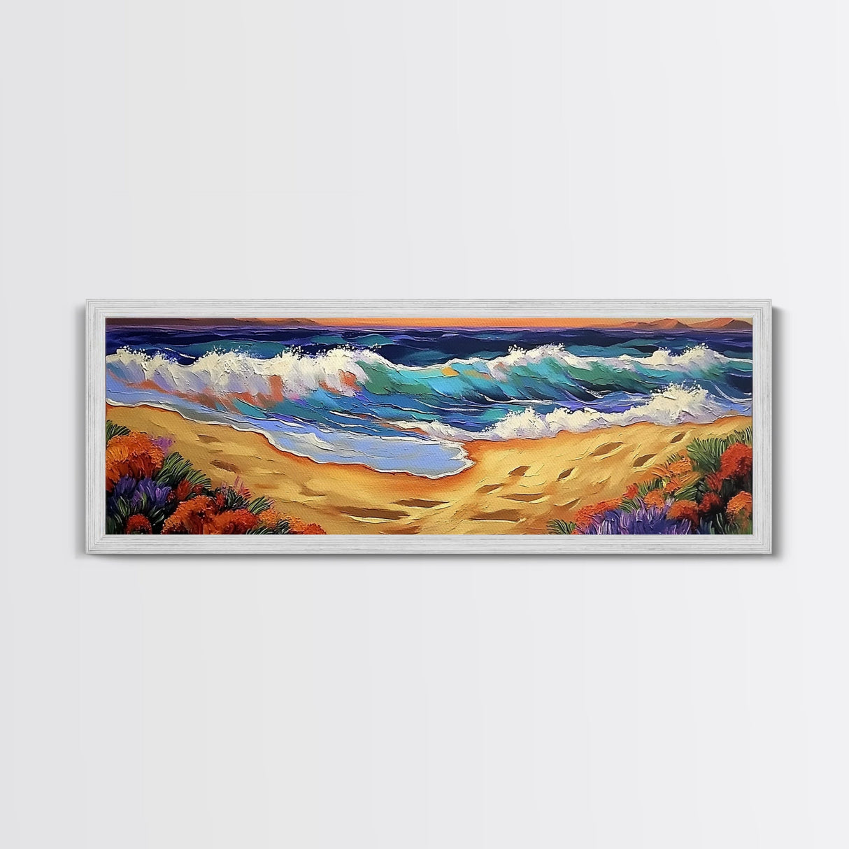 Coastal Wave Art, Beach Shore, Ocean Spray, Sunset Sea Framed Canvas Print, Living Room Wall Art, Modern Tropical Decor