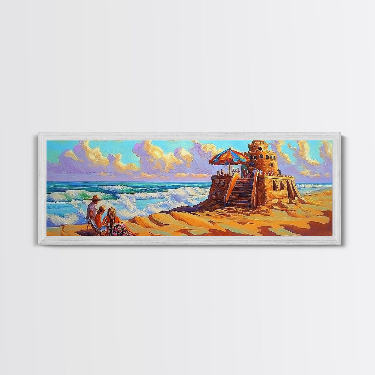 Beach Fortress, Family Fun, Ocean Adventure, Sunny Day Framed Canvas Print, Vacation Memory Wall Art, Playroom Beach Art