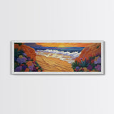 Tropical Cove, Sunset Beach, Colorful Blooms, Coastal Escape Framed Canvas Print, Bedroom Wall Art, Bold Landscape Painting