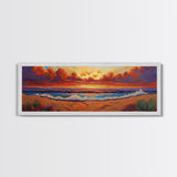 Sunset Coastline, Dramatic Sky, Evening Surf, Autumn Horizon Framed Canvas Print, Dining Room Wall Art, Moody Coastal Art