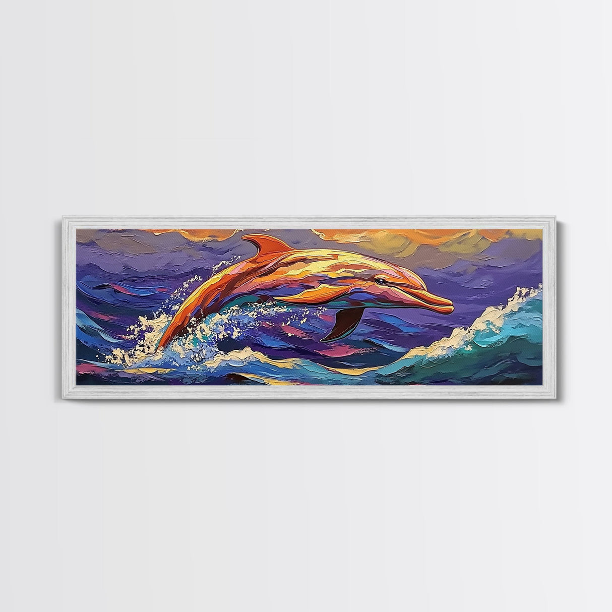 Vibrant Dolphin Art, Ocean Animal Painting, Kids Beach Room Decor, Bold Marine Life Style, Playful Framed Canvas Print, Coastal Vibes
