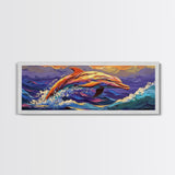 Vibrant Dolphin Art, Ocean Animal Painting, Kids Beach Room Decor, Bold Marine Life Style, Playful Framed Canvas Print, Coastal Vibes