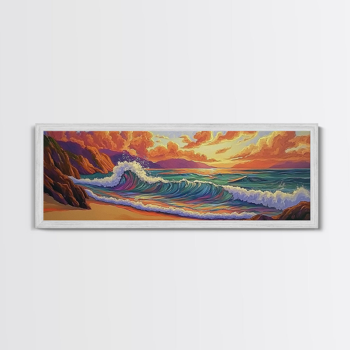 Sunset Surf, Rocky Coast, Vibrant Ocean, Evening Glow, Framed Canvas Print coastal bedroom art, surfer vibes, modern beach wall art