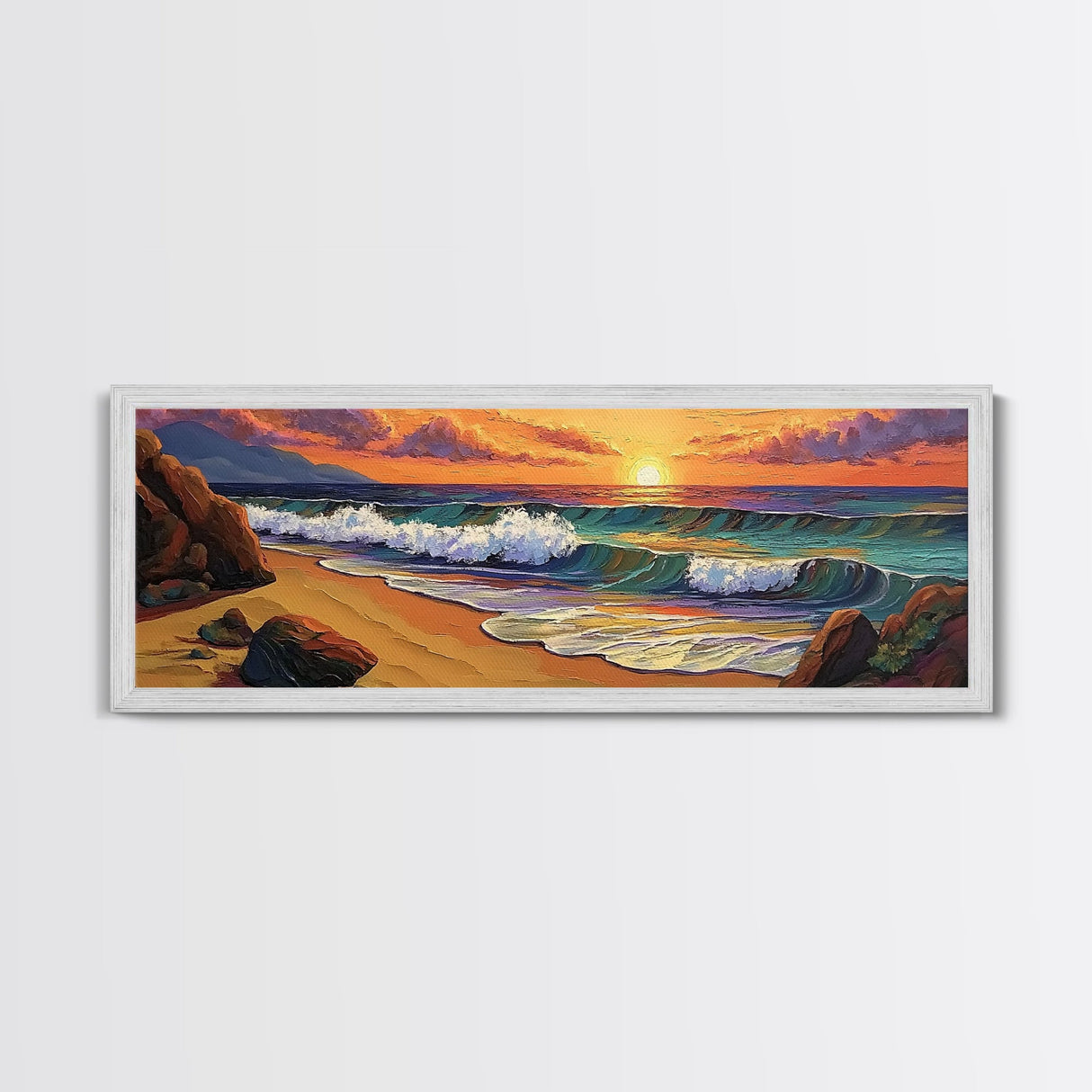 Sunset Beach, Coastal Rocks, Tranquil Shore, Golden Light, Framed Canvas Print beach house decor, minimalist landscape, bedroom art