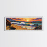 Sunset Beach, Coastal Rocks, Tranquil Shore, Golden Light, Framed Canvas Print beach house decor, minimalist landscape, bedroom art