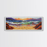 Sunset Shore View, Vibrant Ocean Wave, Footprints in Sand, Coastal Seascape Art, Framed Canvas Print, Beach House Wall Decor