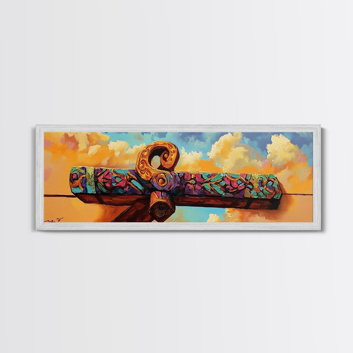 Folk Carved Beam, Southwest Wood Detail, Rustic Architecture Art, Colorful Entryway Style, Framed Canvas Print, Warm Wall Decor