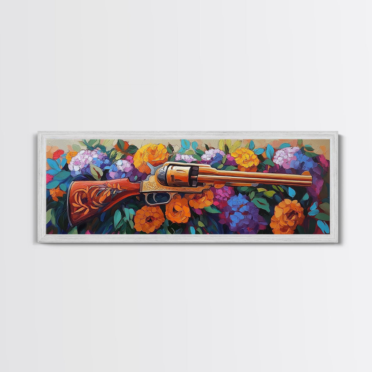 Golden Revolver Art, Floral Gun Painting, Western Floral Wall, Cowboy Chic Style, Framed Canvas Print, Man Cave Southwestern Decor