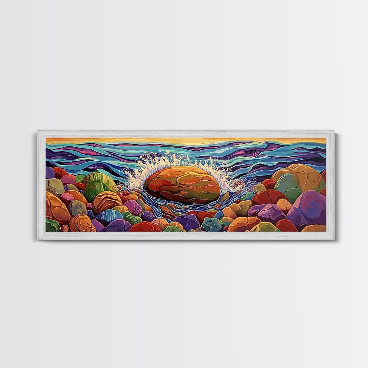 Ocean Splash, Bold Rocks, Sunset Colors, Canvas Print, Vibrant Coastal Art, Abstract Seaside Decor, Living Room Wall Art, Boho Vibes