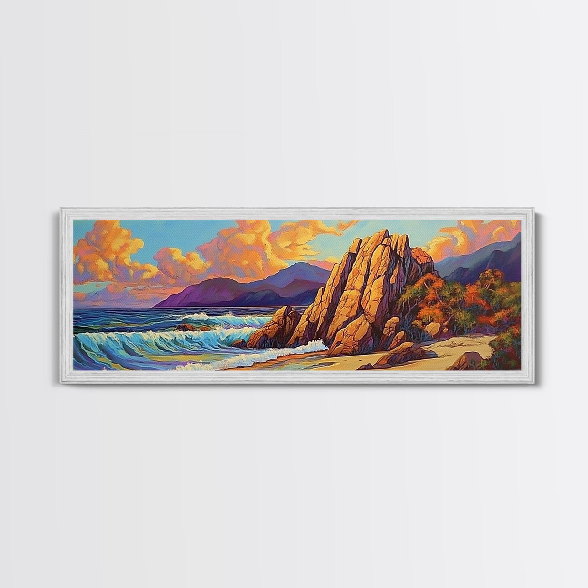 Coastal Rocks, Ocean Cliffs, Sunset Clouds, Canvas Print, Bold Seascape Wall Art, Living Room Fall Decor, Nature Inspired Aesthetic