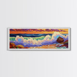 Ocean Waves, Splashing Surf, Bold Colors, Framed Canvas Print, Vibrant Coastal Wall Art, Bathroom Beach Decor, Tropical Ocean Vibes