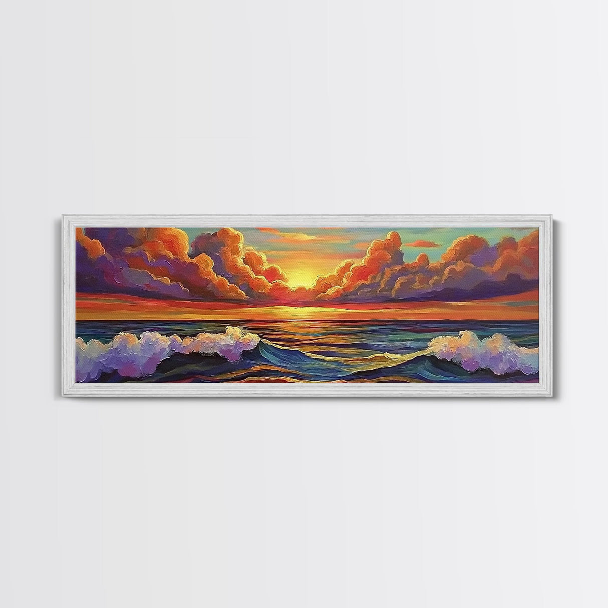 Dramatic Clouds, Sunset Sea, Ocean Glow, Framed Canvas Print, Bold Coastal Wall Art, Colorful Living Room Decor, Dreamy Seascape Style