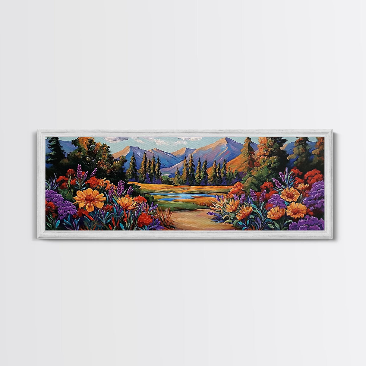 Wildflower Trail Art, Mountain Landscape, Framed Canvas Print, Nature Inspired Decor, Boho Living Room Wall Art, Vibrant Floral Scene