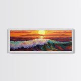 Vibrant Ocean Sunset, Textured Wave Painting, Modern Seascape Art, Framed Canvas Print, Coastal Living Wall Art, Boho Bedroom Decor