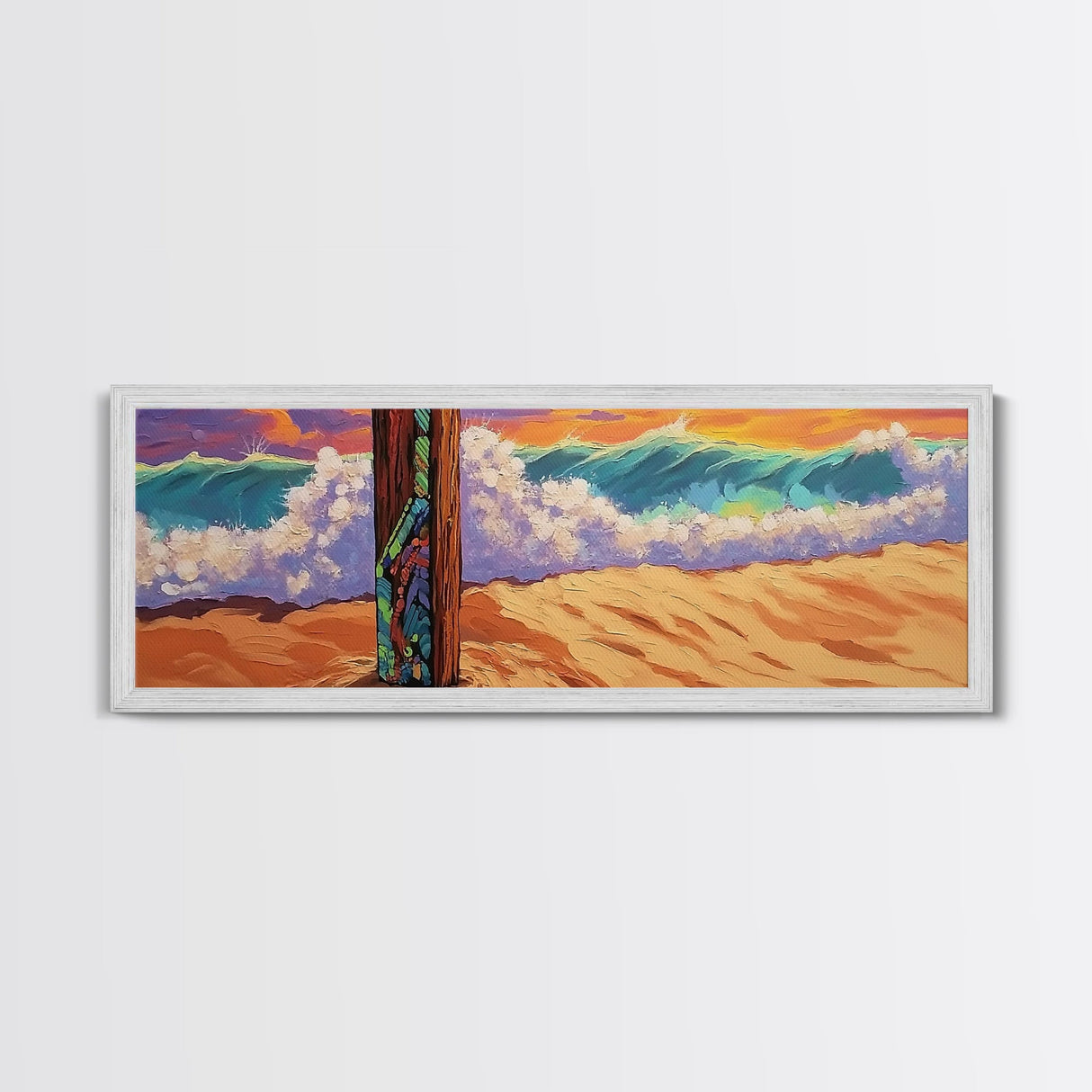 Painted Post, Colorful Shore, Ocean Wave, Surf Vibes, Framed Canvas Print, Beach Bedroom Wall Art, Tropical Seaside Expressionism