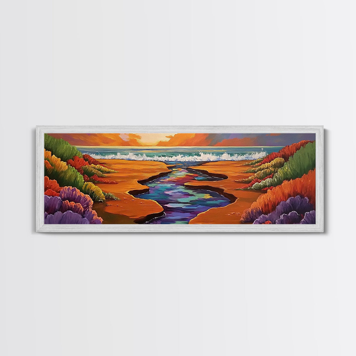 Sunset Stream, Coastal Canyon, Colorful Shoreline, Boho Nature Scene, Framed Canvas Print, Hallway Wall Art, Autumn Inspired Landscape